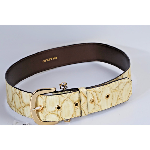 Wide Croc Embossed Leather Belt Size 46 Cream Gold Crystal Buckle main image 12